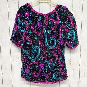 Mark &‎ John by Gopal Sequin Top Womens L Black Pink Beaded Silk Vintage Evening